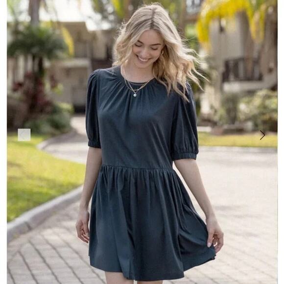 SUMMERSALT The Luxe Pima Puff-Sleeve Mini Dress Size XS Midnight Navy Blue - Picture 1 of 6